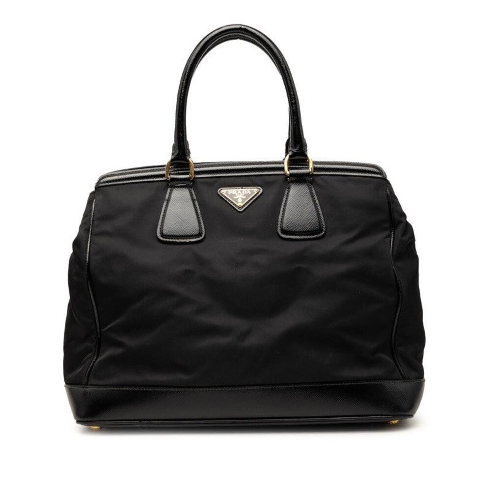 Prada Saffiano Triangle Logo Plate Nylon Leather Handbag Black